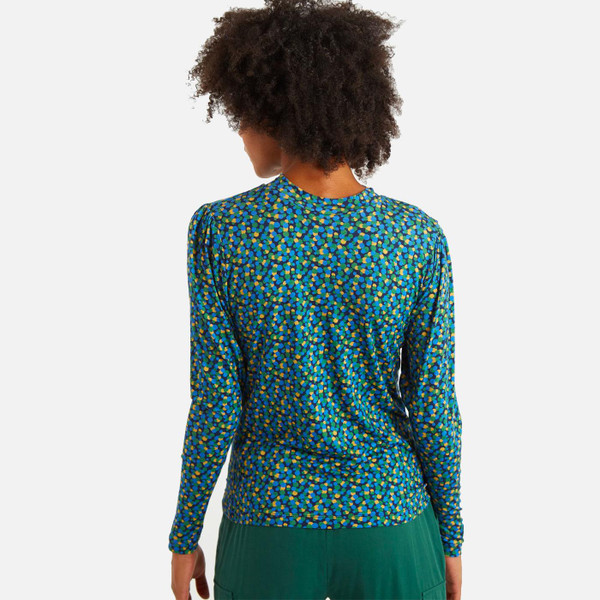 Louche Gilly Bubble Pop Long Sleeve Retro 60s Jersey Top in Blue