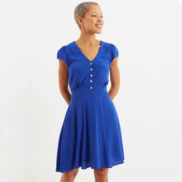 Louche Cathleen Mini Moss Retro 1960s Crepe Blue Tea Dress