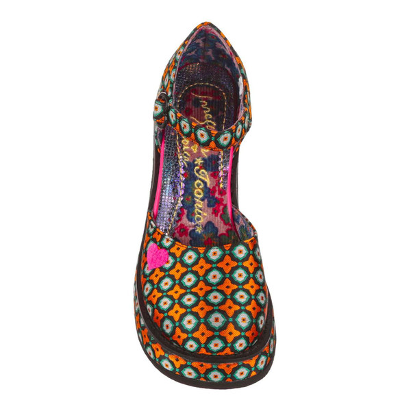 Irregular Choice Night Fever Retro 1970s Geometric Print Heels in Orange