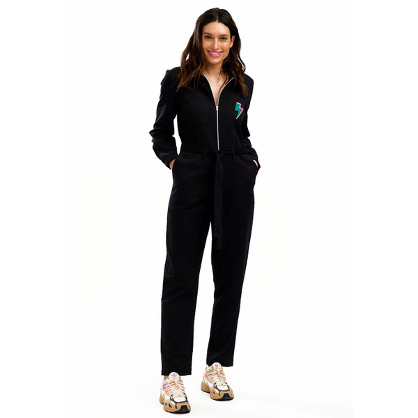 Sugarhill Brighton Anwen Retro 70s Lightning Bolt Jumpsuit in Black JS0161
