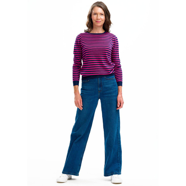 Sugarhill Brighton Rowena Retro 1970s Stripe Knit Jumper in Navy and Pink K0735