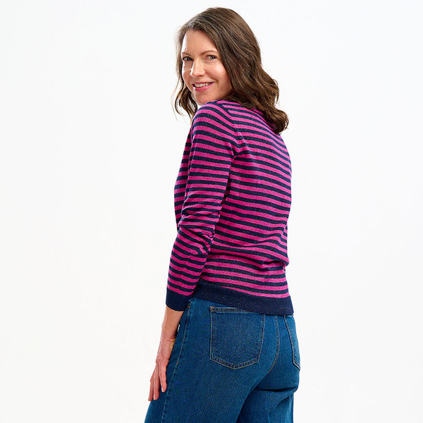 Sugarhill Brighton Rowena Retro 1970s Indie Stripe Knit Jumper in Navy and Pink K0735