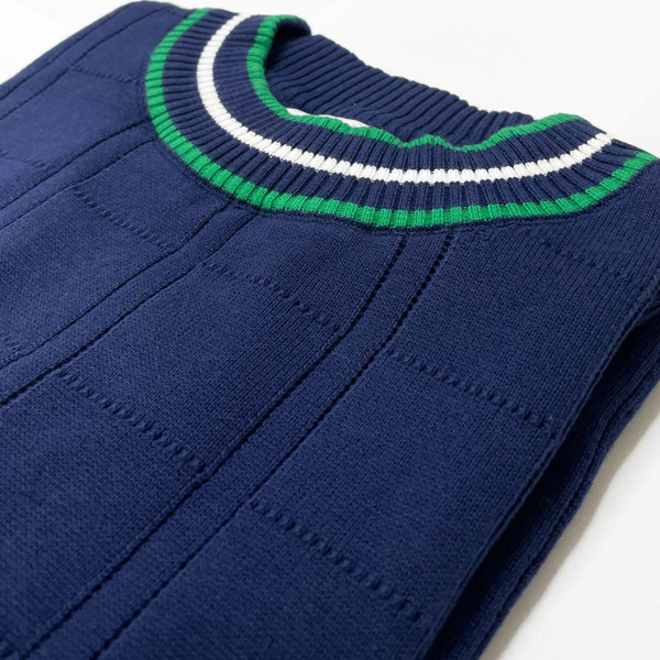 Madcap England Wilson Retro Pointelle Knit Mock Turtleneck Tee in Navy with Green and White Tipping MC1041 Madcap England Wilson Retro Pointelle Knit Mock Turtleneck Tee in Navy with Green and White Tipping MC1041
