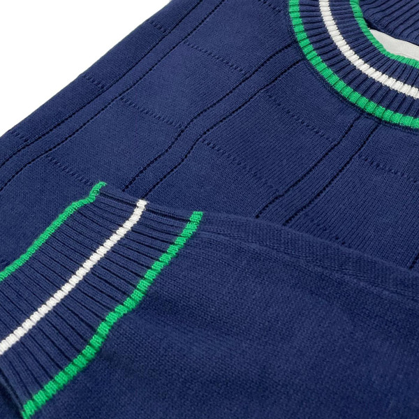 Madcap England Moore Retro 60s Pointelle Knit Long Sleeve Tipped Jumper in Navy MC1049