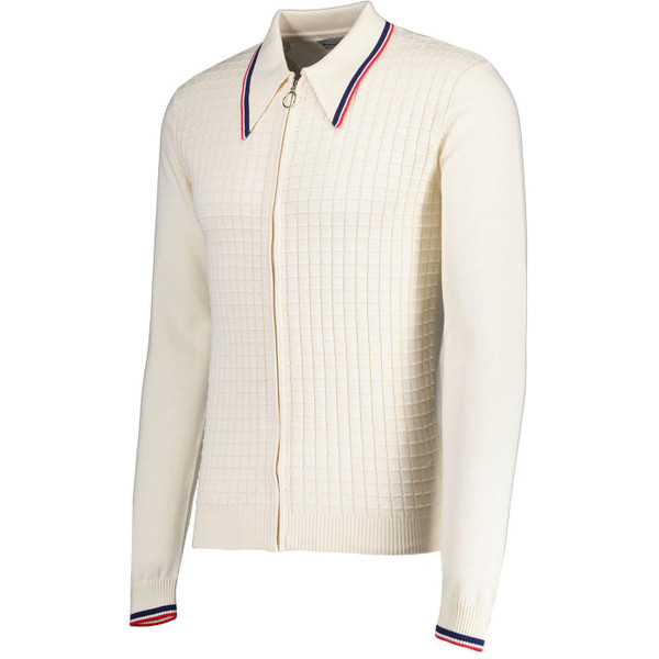 Madcap England Apollo 60s Mod Big Collar Ring Zip Grid Check knitted Polo Cardigan in Snow White MC1069 Madcap England Apollo 60s Mod Big Collar Ring Zip Grid Check knitted Polo Cardigan in Snow White MC1069