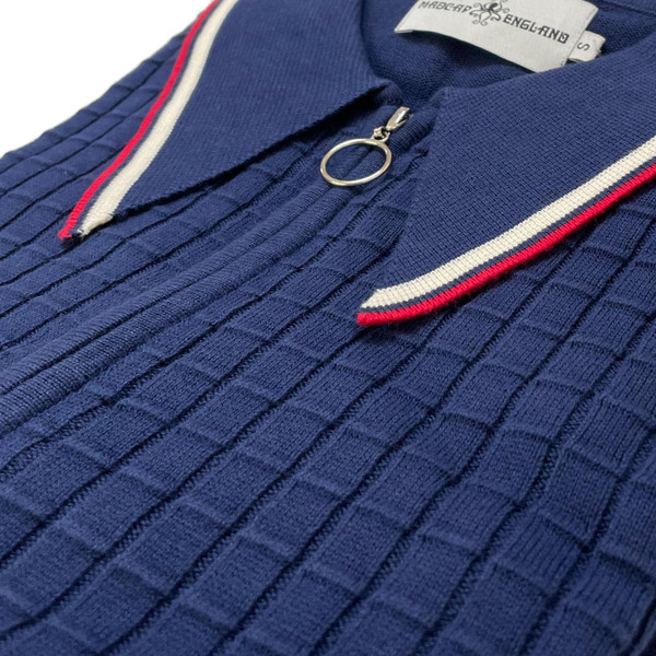 Cannon Retro Ring Zip Spear Collar Grid Check Polo Shirt in Navy by Madcap England MC1070 Cannon Retro Ring Zip Spear Collar Grid Check Polo Shirt in Navy by Madcap England MC1070