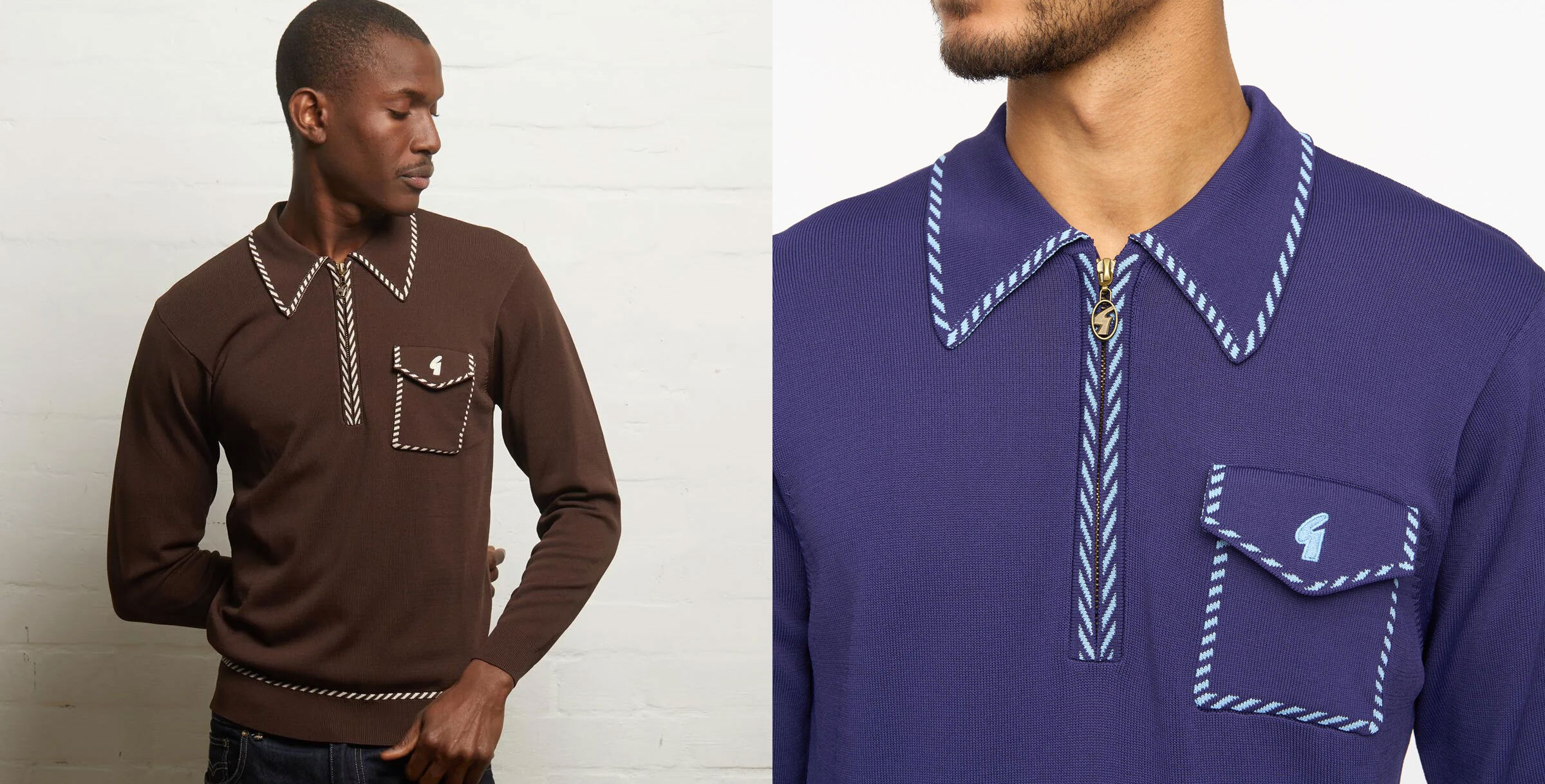Gabicci Archive reissues Kiki long sleeve polo in clove brown and Atlantic blue