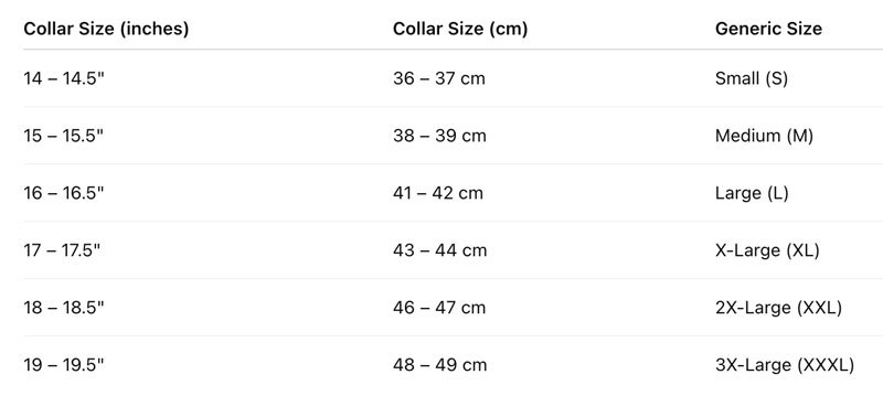 Mens Formal Shirt Collar Size Conversion Chart