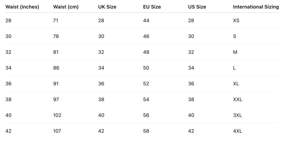 Men's Trousers Jeans International Size Conversion Chart