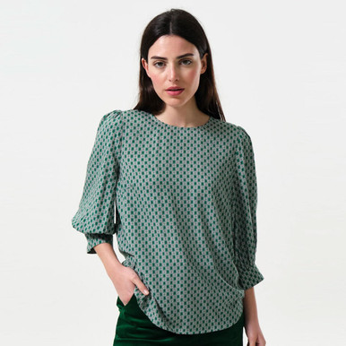 Mellie Louche London Flower Tile Print Teal Blouse