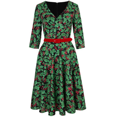 Hell Bunny Nicole 50s Christmas Holly Print Doll Dress