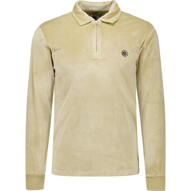 Pretty Green Kennedy 80s Velour Polo Sweater in Taupe