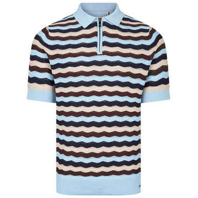Luke 1977 Maughold Zig-Zag Pointelle Knit Retro Polo Top in Sky Blue