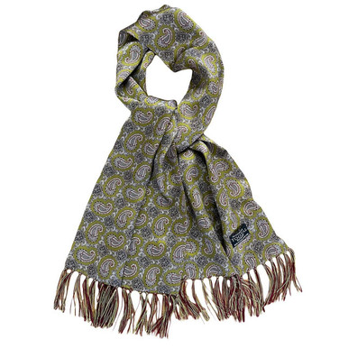 Tootal Paisley 60s Mod Fringed Silk Scarf in Avocado