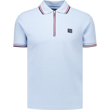 Trojan Ottoman Rib Mod Tipped Zip Neck Polo in Powder Blue
