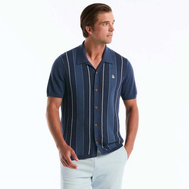 Original Penguin Retro Stripe 50s Jacquard Shirt in Sargasso Sea Blue