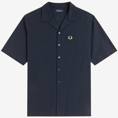 Fred Perry Seersucker 50s Mod Revere Collar Resort Shirt in Navy