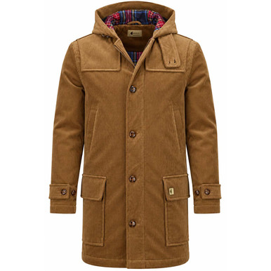 Gabicci Vintage Chuck Jumbo Cord Duffle Coat in Caramel.
