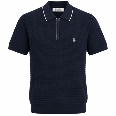 Original Penguin Links Stitch Quarter Zip Knit Polo in Dark Sapphire