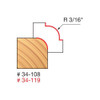 Freud Round Over Bit, 3/16" Radius, 1/2" Carbide Height, 1/4" Shank, 2-3/16" Overall Length