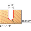 Freud Round Nose Router Bit, 3/32" Radius, 3/8" Carbide Height, 1/4" Shank, 3/16" Overall Diameter
