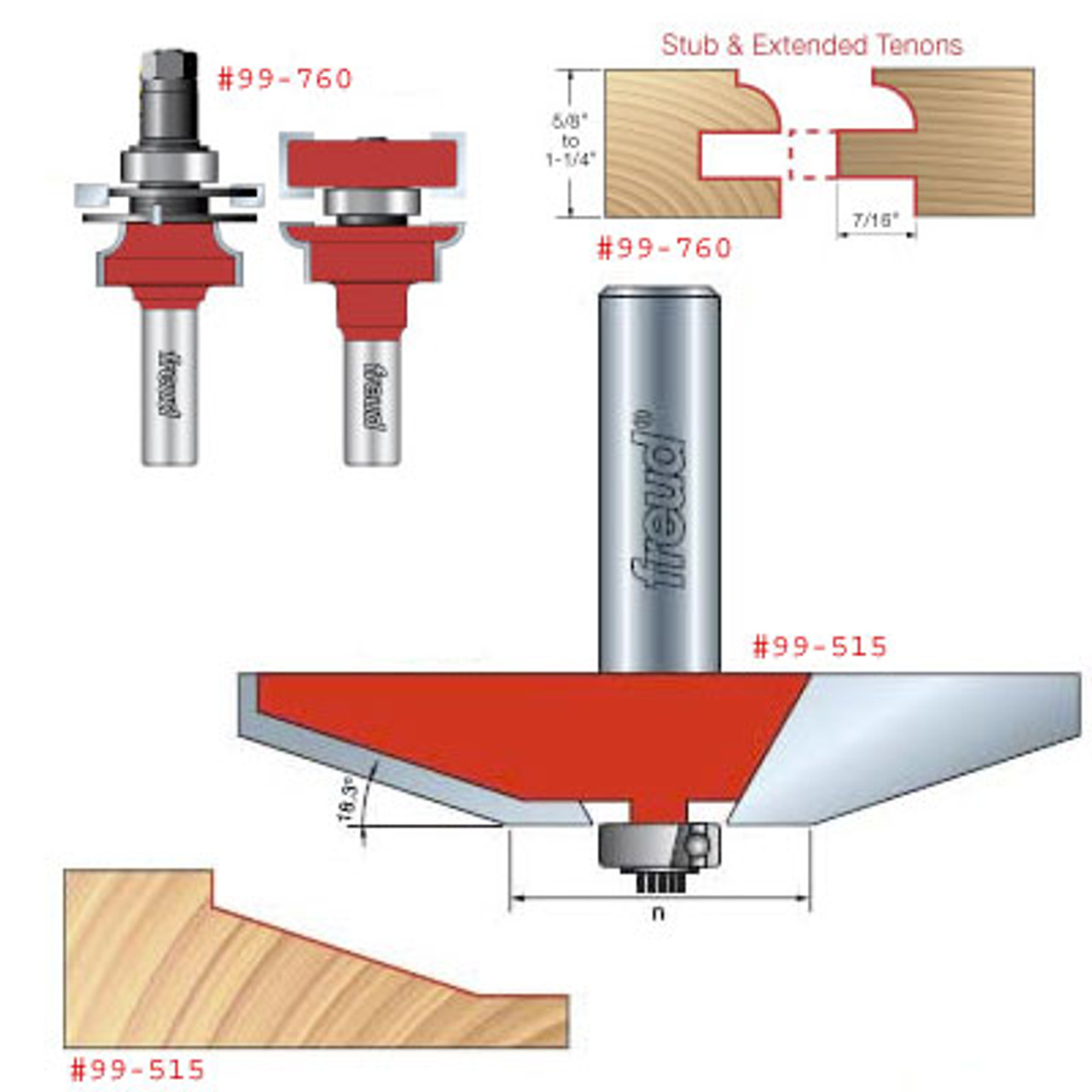 Freud Three Piece Adjustable Door Router Bit Set, Round Over Profile For 5/8" to 1-1/4" Stock