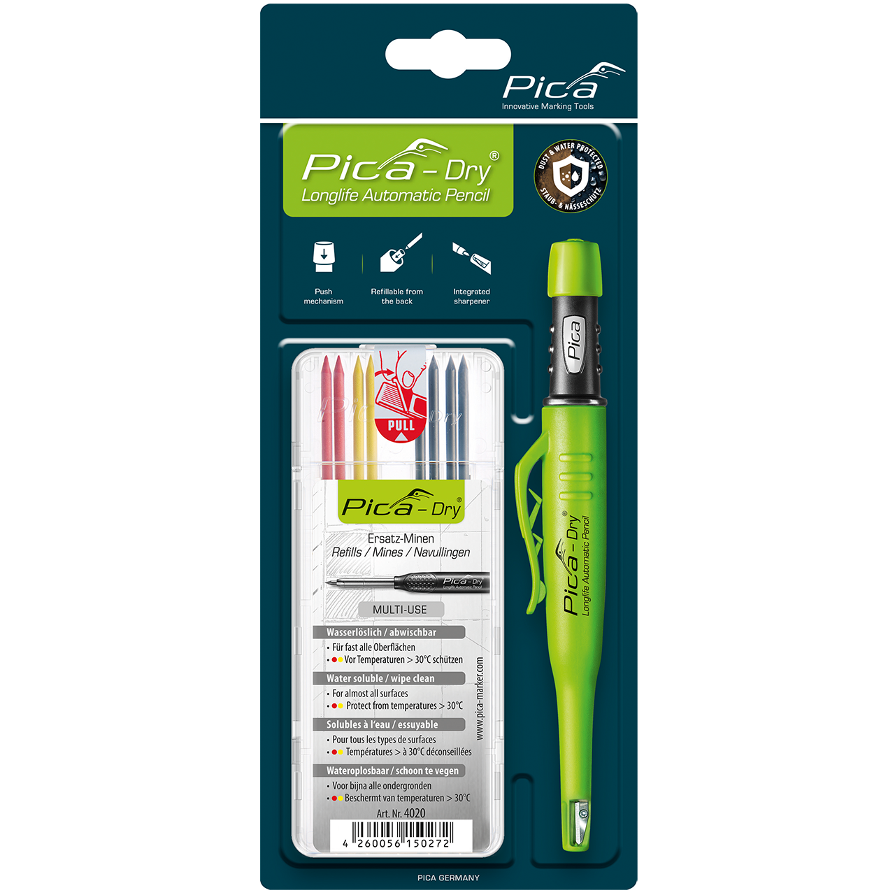 Pica Dry Mechanical Pencil w/8pk Color Refills Asst.