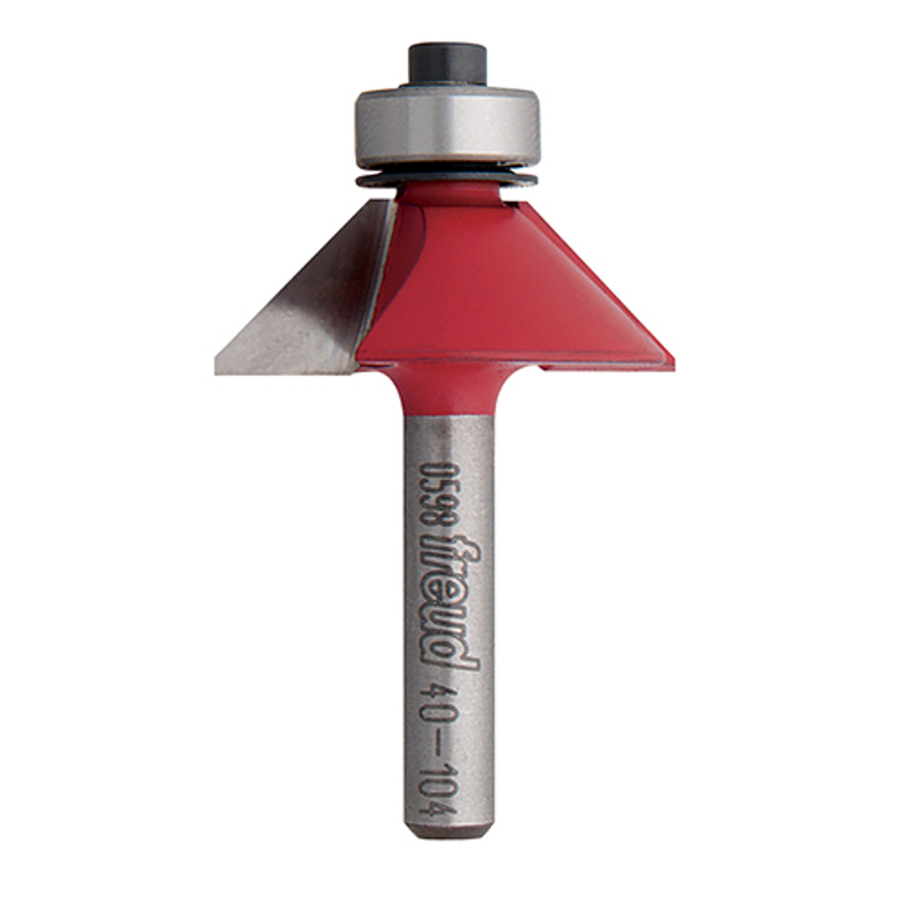 Freud Chamfer Bit, 45 Deg. Angle, 1/4" Carbide Height, 1-1/2" Overall Diameter, 1/4" Shank, 1/2" Bearing Diameter,