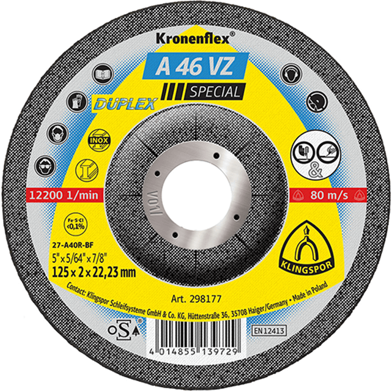 Klingspor Abrasives, A46VZ Duplex 4-1/2" X 1/4" X 7/8" Center Hole Grinding Disc 5pk