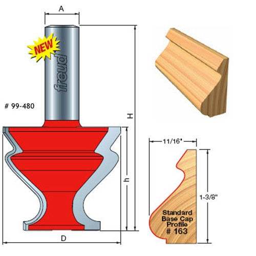 Freud Base Cap Router Bit, 3" Overall Length, 1-1/2" Carbide Height, 1-3/4" Overall Diameter, 1/2" Shank