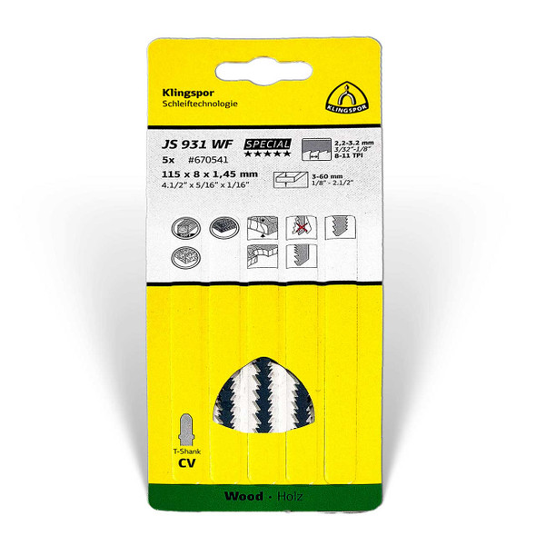 Klingspor Jigsaw Wood Blade JS 931 WF 4-1/2” x 5/16” x 1/16” 8-11 TPI 5pk