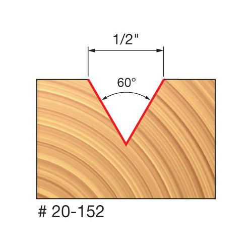 Freud V-Groove Router Bit, 60 Deg. Angle, 7/16" Carbide Height, 1/4" Shank, 1/2" Overall Diameter, 1-3/4" Overall