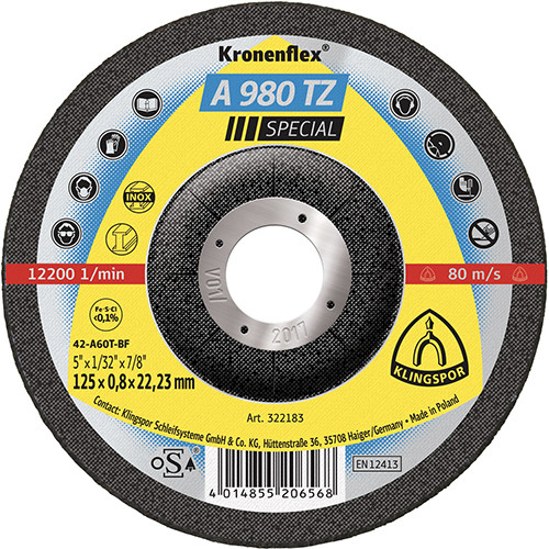 Klingspor Abrasives A980TZ Stainless Steel & Container Cut-Off Wheels 4-1/2"x 1/32"x 7/8" 5pk