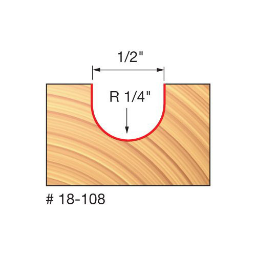 Freud Round Nose Router Bit, 1/4" Radius, 3/8" Carbide Height, 1/4" Shank, 1/2" Overall Diameter