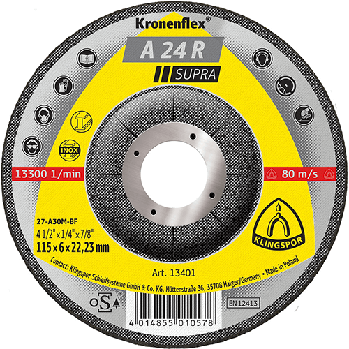 Klingspor Abrasives A24R Supra Grinding Disc, 4-1/2 x 1/4 x 7/8 5pk