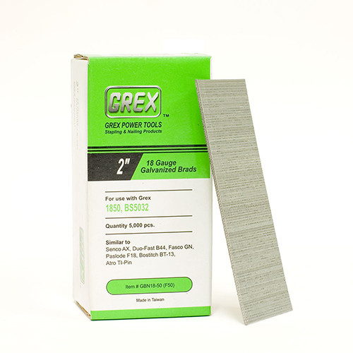 Grex 18 Gauge, 2" Long, Galvanized Brad Nails, Box of 5,000