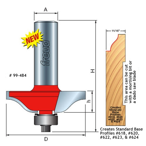 Freud Baseboard Router Bit, 2-3/8" Overall Length, 15/32" Carbide Height, 1-11/16" Overall Diameter, 1/2" Shank