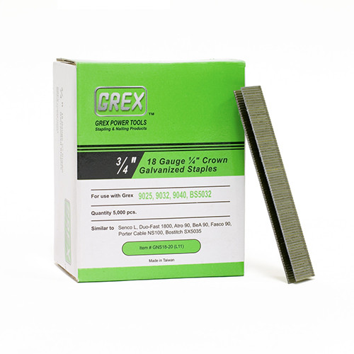 Grex 18 Gauge, 3/4" Long, Galvanized 1/4" Crown Staples, Box of 5,000