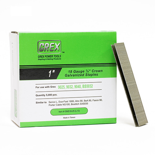 Grex 18 Gauge, 1" Long, Galvanized 1/4" Crown Staples, Box of 5,000