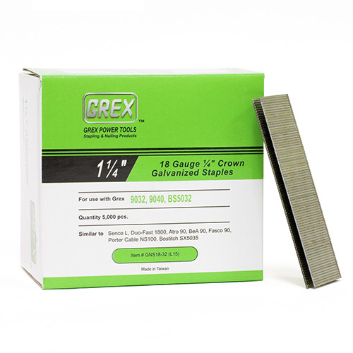 Grex 18 Gauge, 1-1/4" Long, Galvanized 1/4" Crown Staples, Box of 5,000