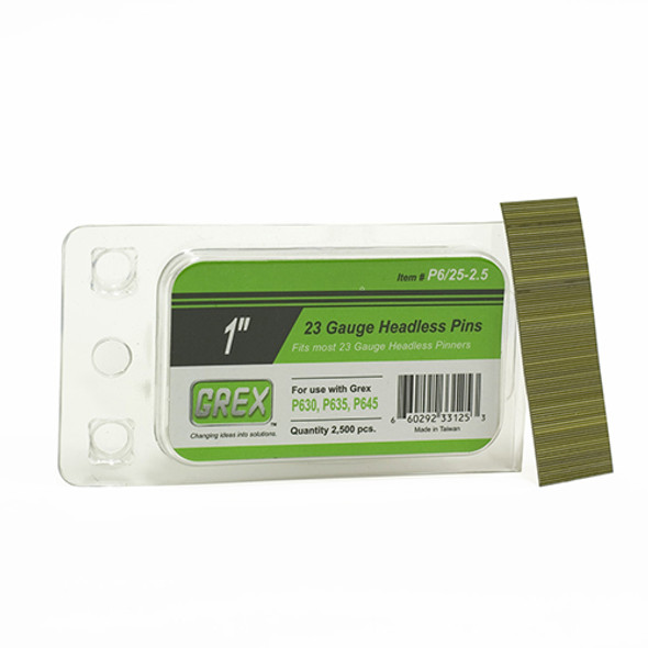 Grex 23 Gauge, 1" Long, Galvanized Headless Pin Nails, Box of 2,500