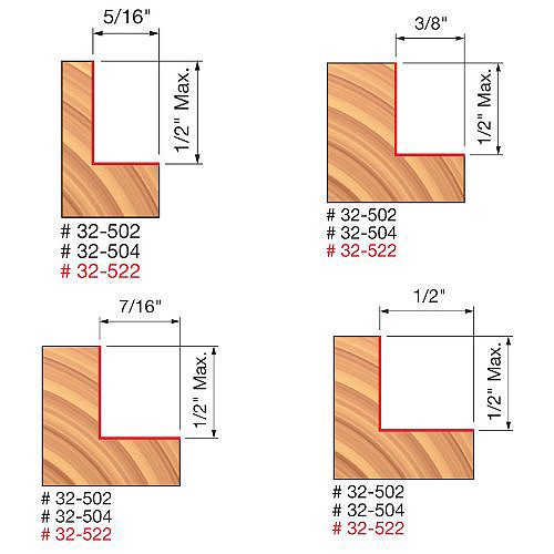 Freud Rabbeting Bit Set, 5/16", 3/8", 7/16", 1/2" Rabbeting Depths, 1/2" Shank, 2-1/4" Overall Length