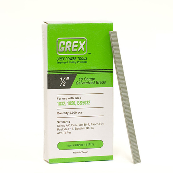 Grex 18 Gauge, 1/2" Long, Galvanized Brad Nails, Box of 5,000