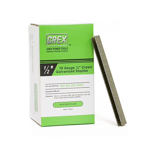 Grex 18 Gauge, 1/2" Long, Galvanized 1/4" Crown Staples, Box of 5,000