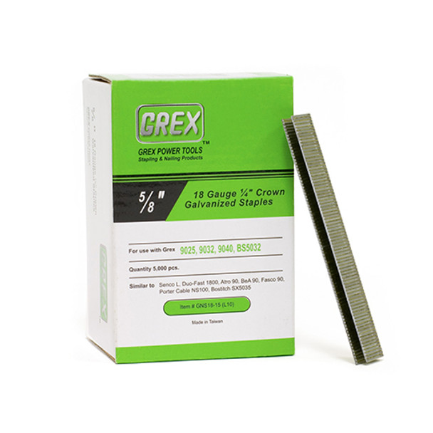 Grex 18 Gauge, 5/8" Long, Galvanized 1/4" Crown Staples, Box of 5,000
