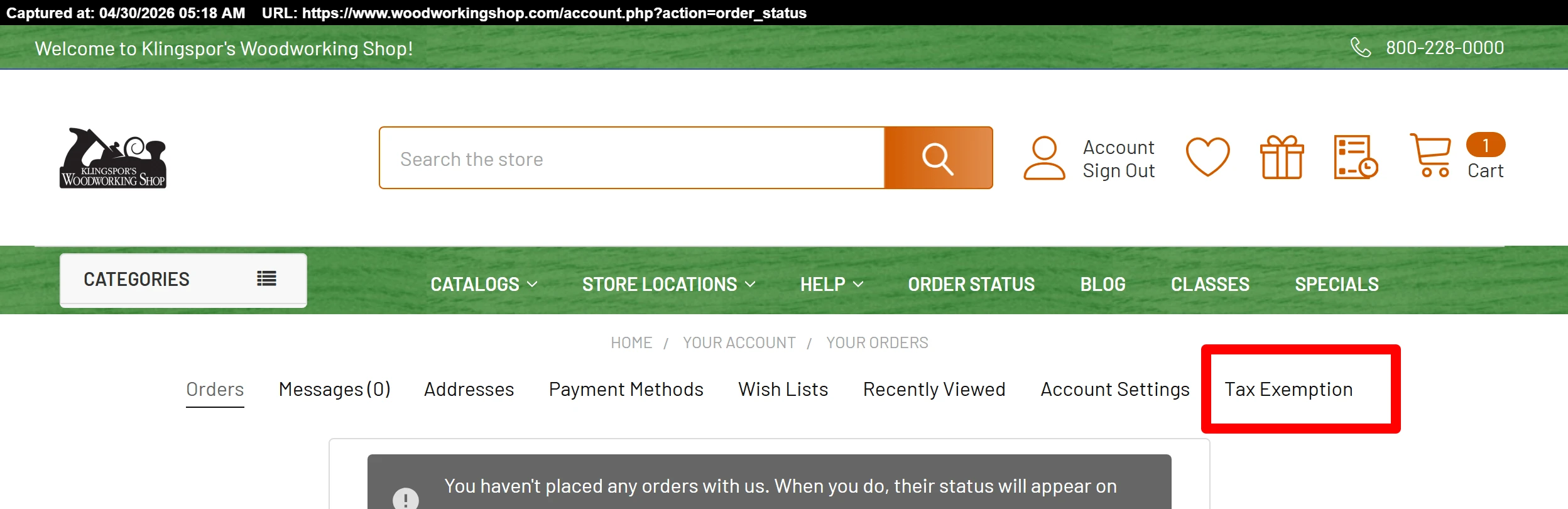 Location of the Tax Exemption tab inside the account menu