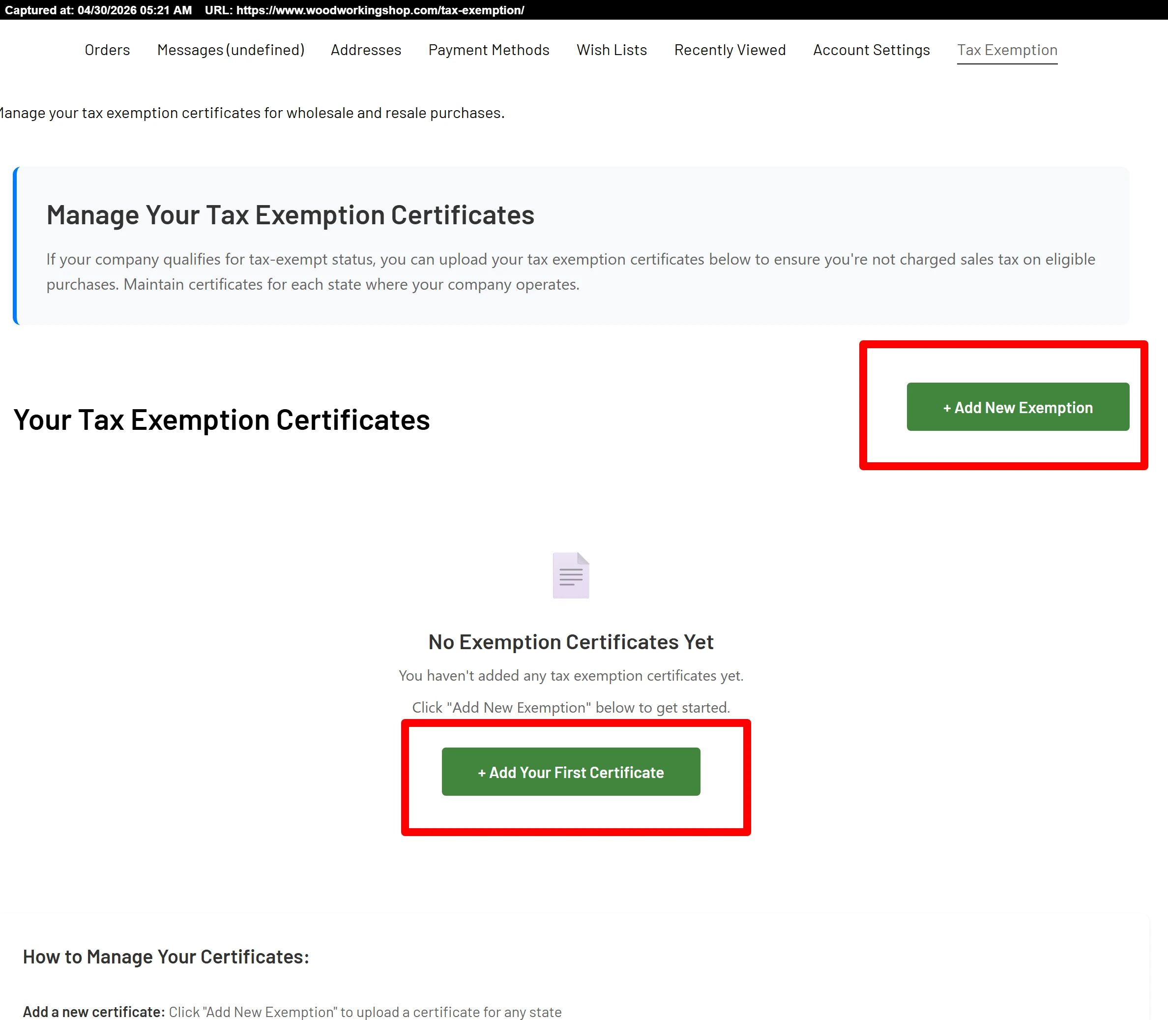 Buttons used to add a tax-exempt certificate
