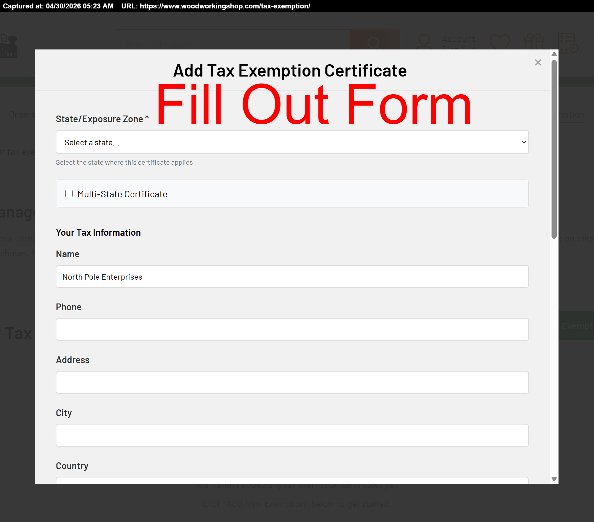 Tax-exempt upload form, page 1 of 2