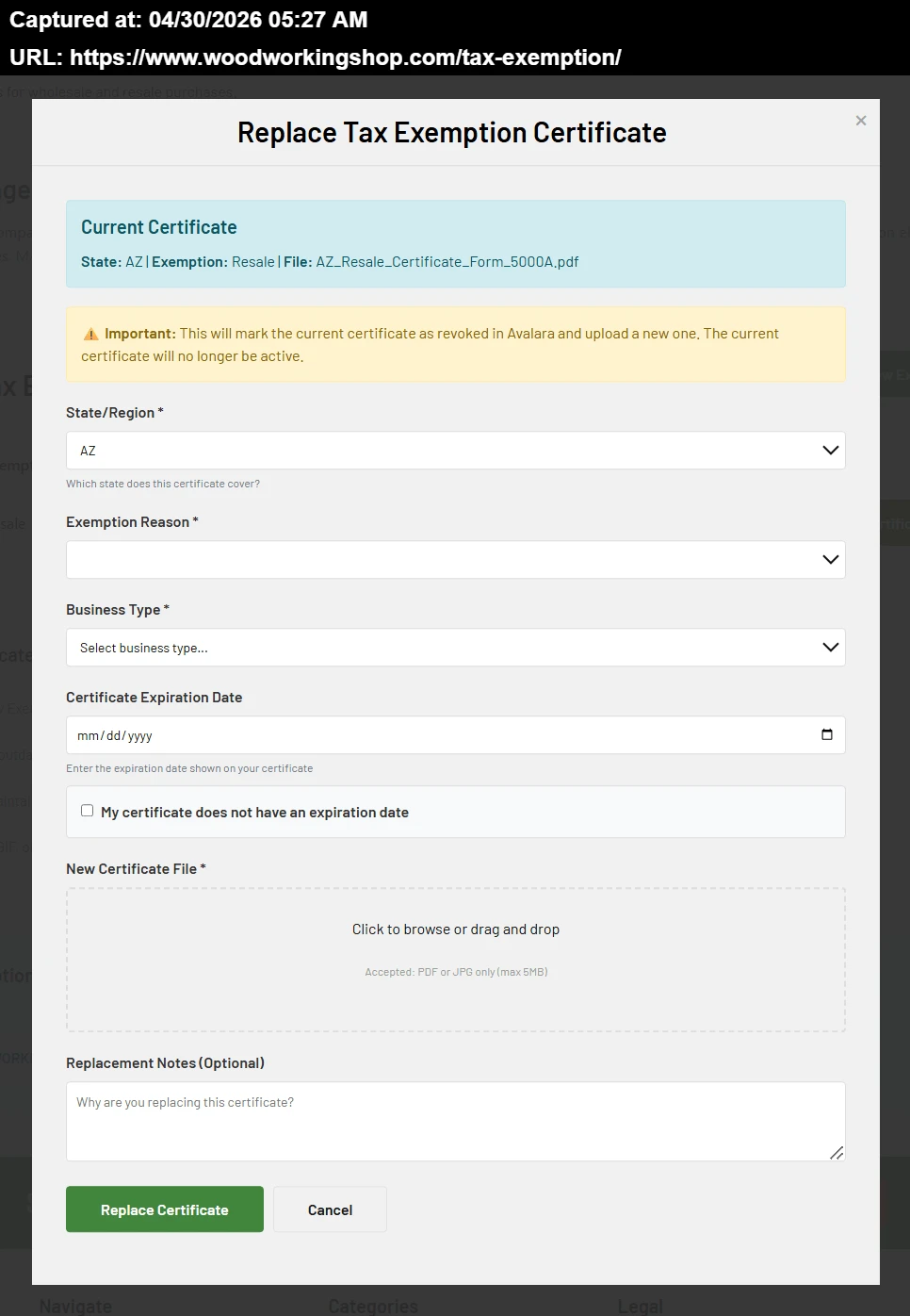 Form used to modify an existing certificate