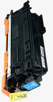 This is the right side view of the Hewlett Packard 648A cyan replacement laserjet toner cartridge by NXT Premium toner